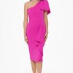 One Shoulder Bow Ruffle Front Midi Dress